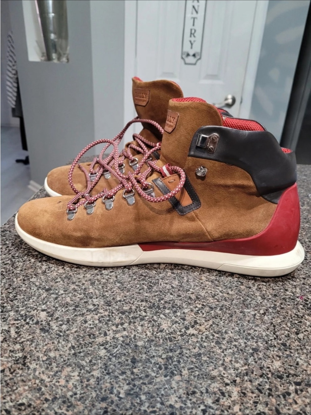 Men's Brown Ballys Suede High-Top Sneakers with Red Accents